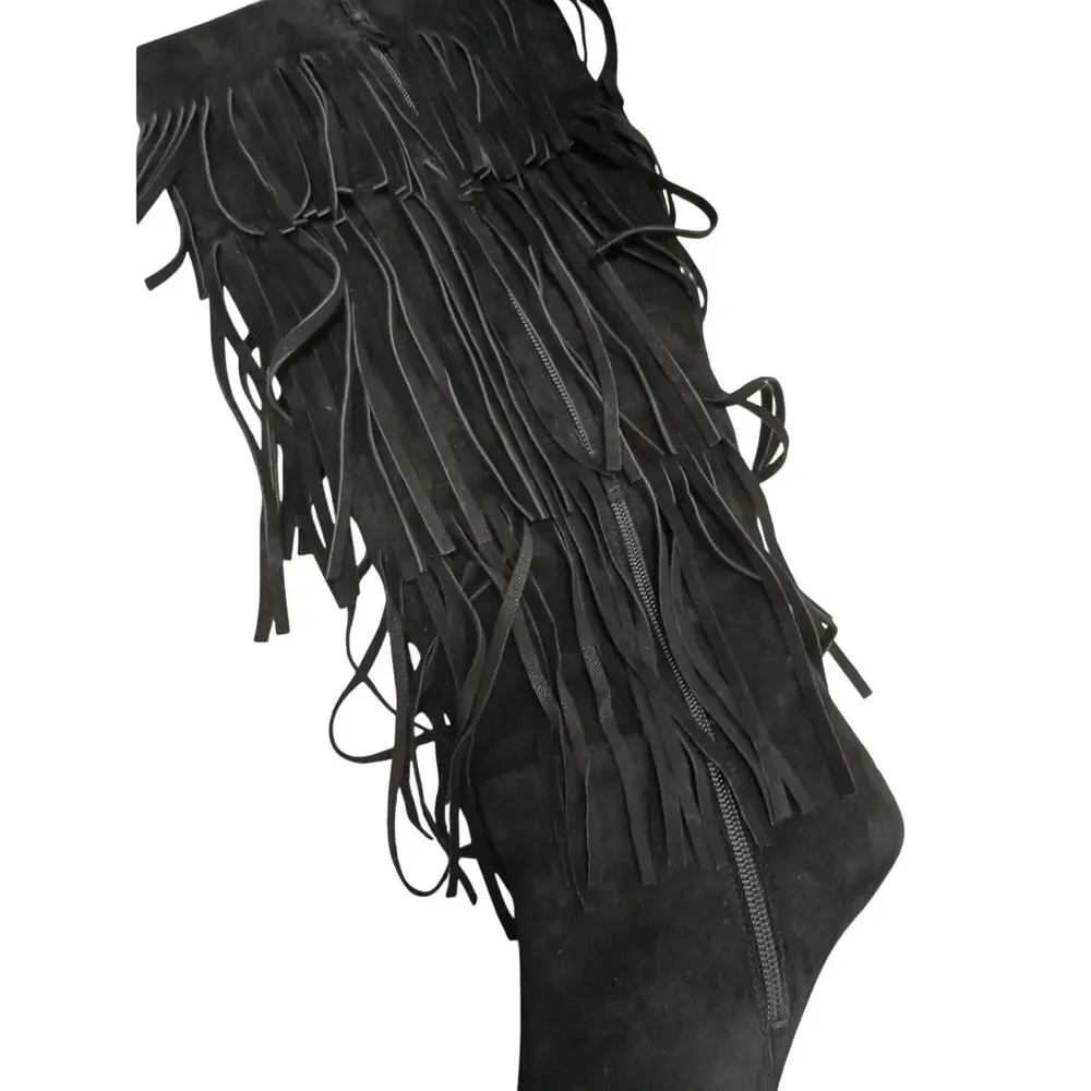 Stuart Weitzman Fringie Black Suede Fringe Boots 7.5 M Over The Knee Western NEW